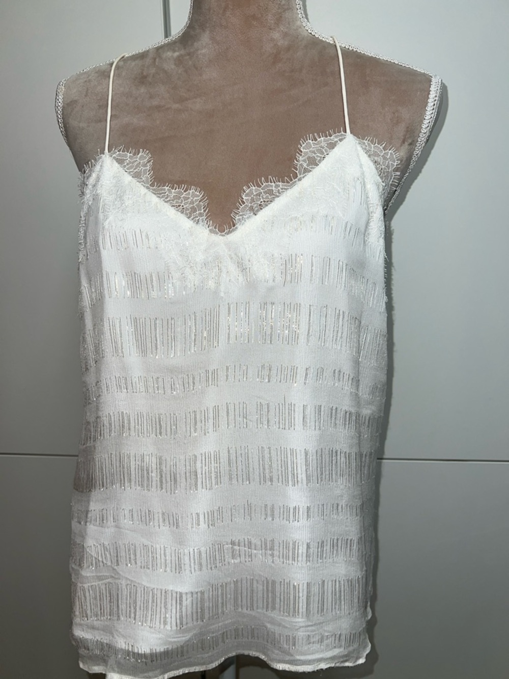Cami NYC White Lace-Trim Striped Silk Camisole